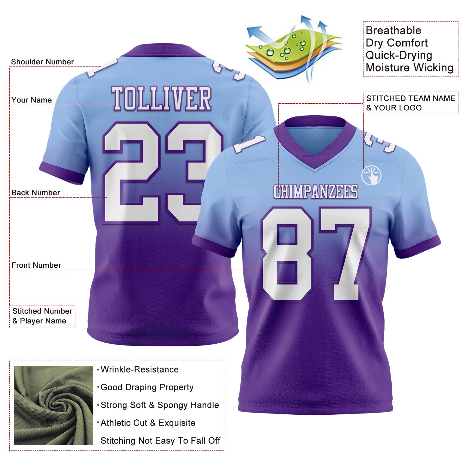 Custom Light Blue White-Purple Authentic Fade Fashion Football Jersey