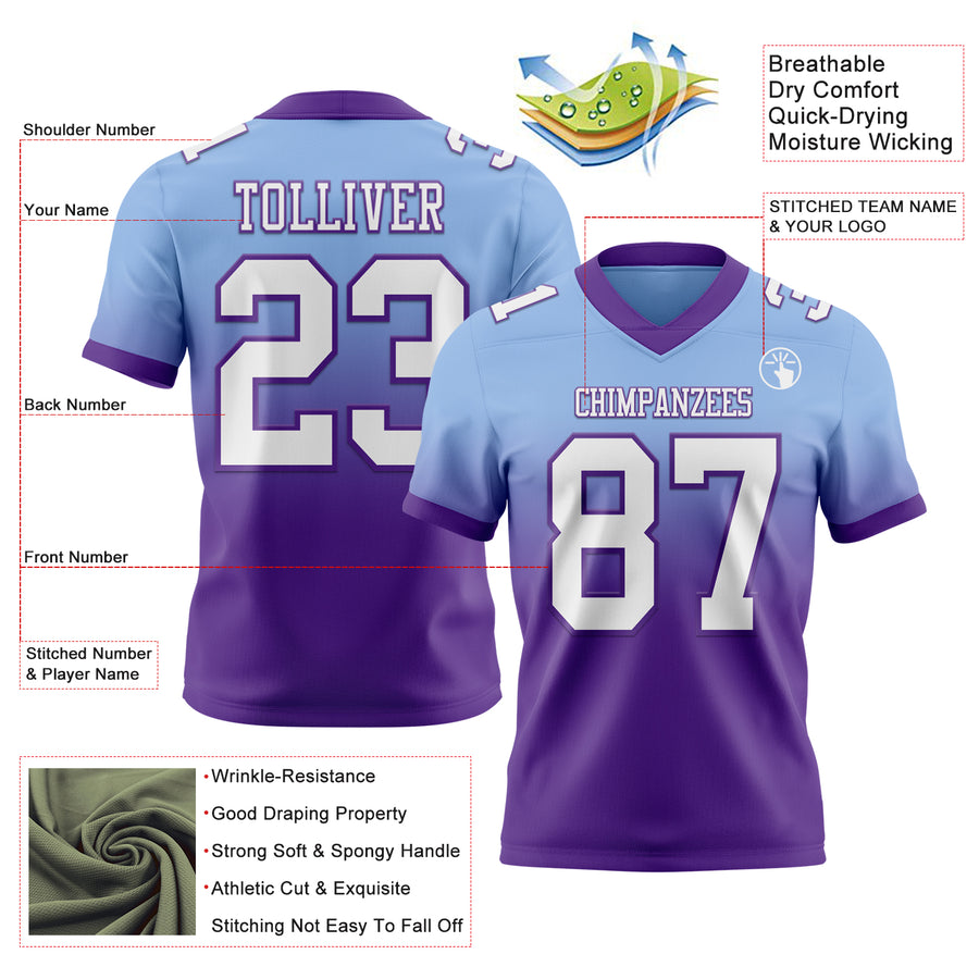 Custom Light Blue White-Purple Authentic Fade Fashion Football Jersey