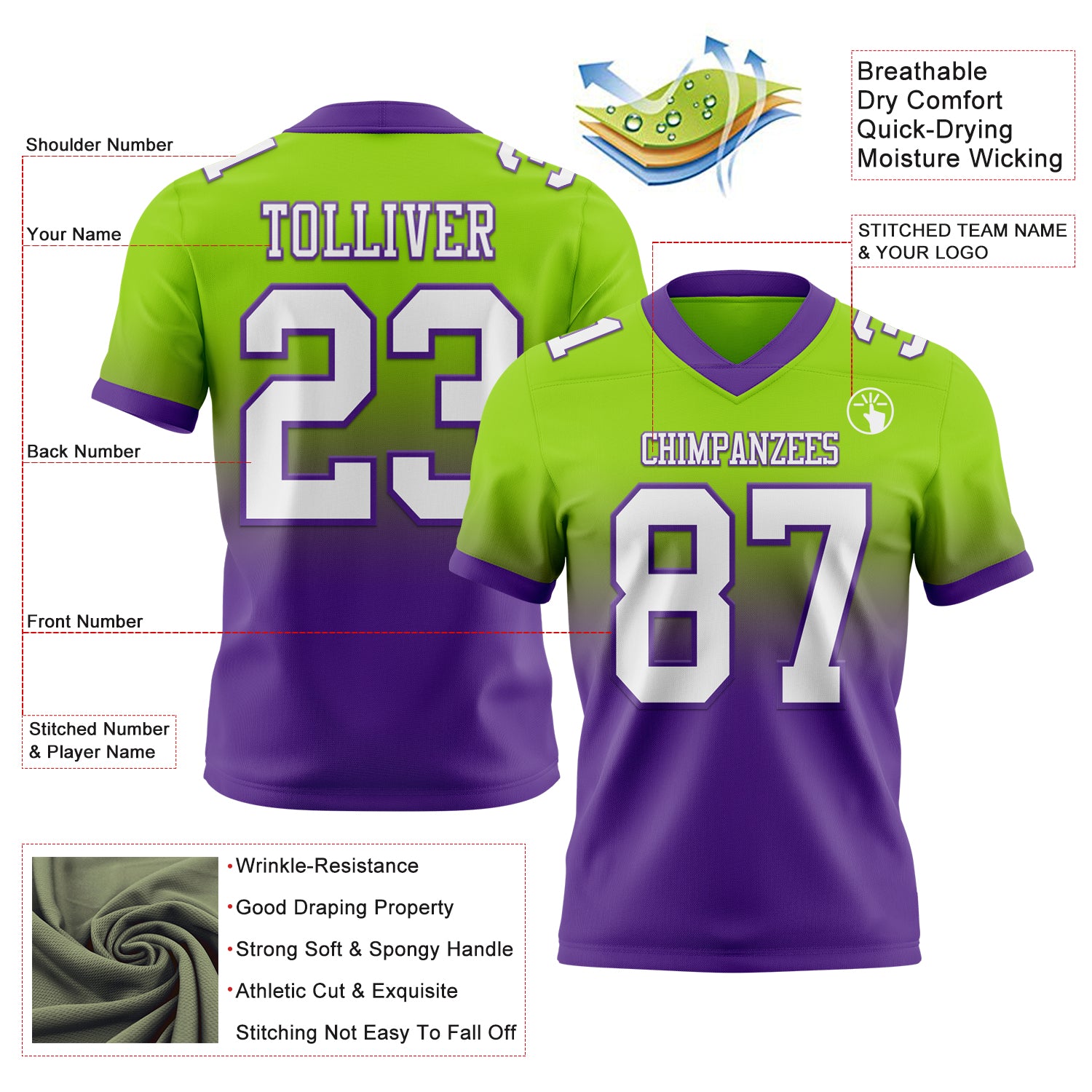 Custom Neon Green White-Purple Authentic Fade Fashion Football Jersey