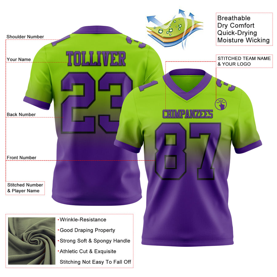 Custom Neon Green Purple-Black Authentic Fade Fashion Football Jersey
