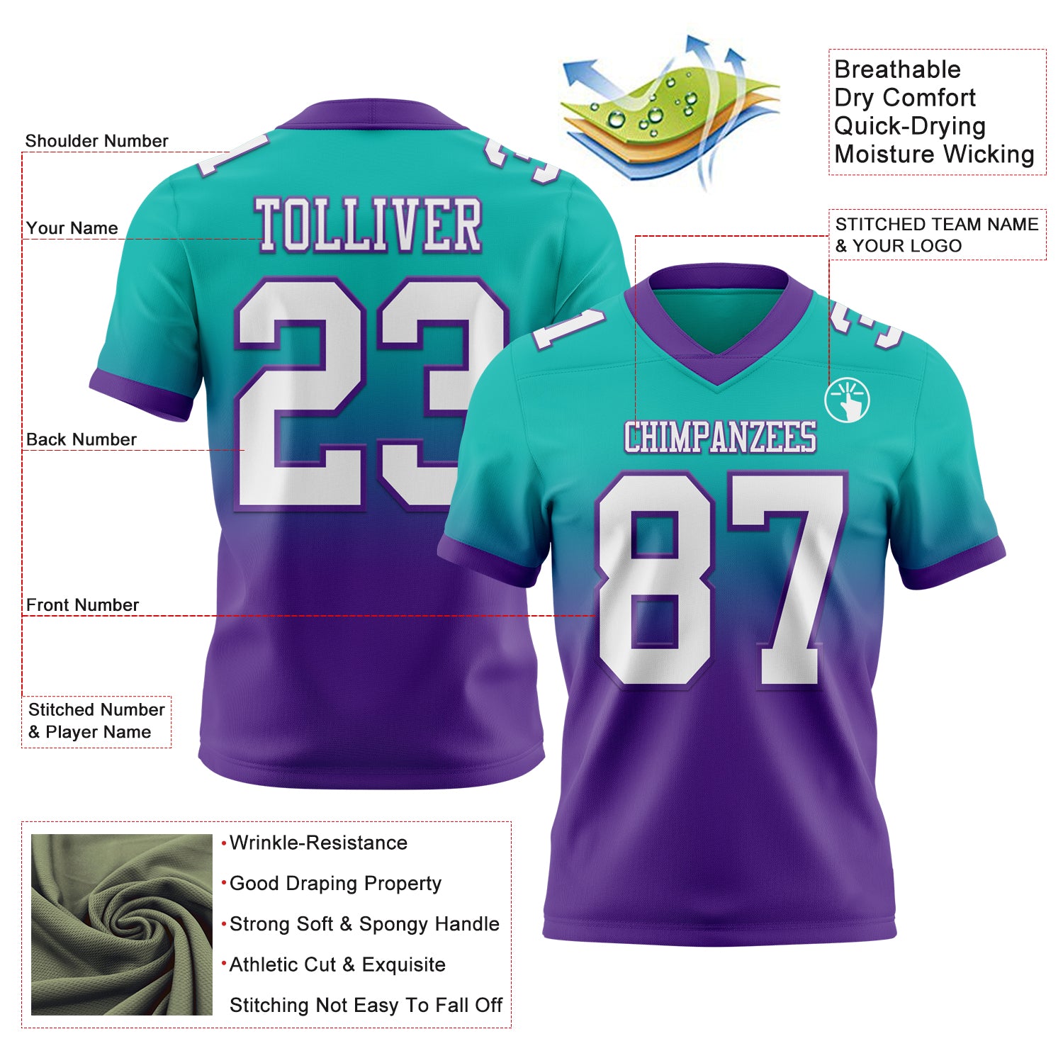 Custom Aqua White-Purple Authentic Fade Fashion Football Jersey
