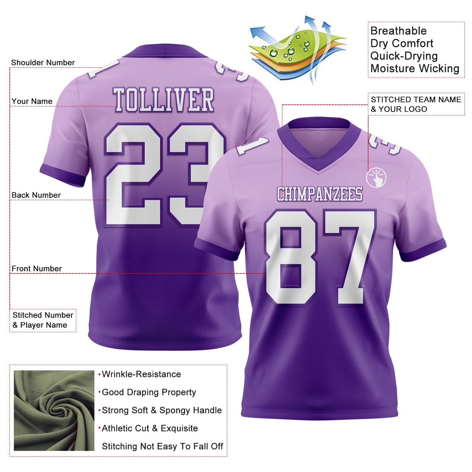 Custom Light Purple White-Purple Authentic Fade Fashion Football Jersey