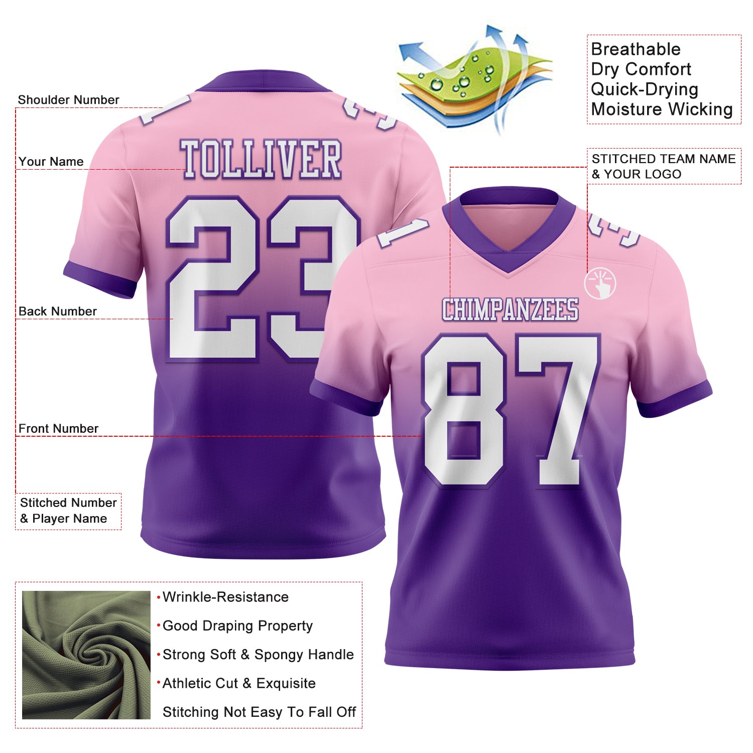 Custom Light Pink White-Purple Authentic Fade Fashion Football Jersey