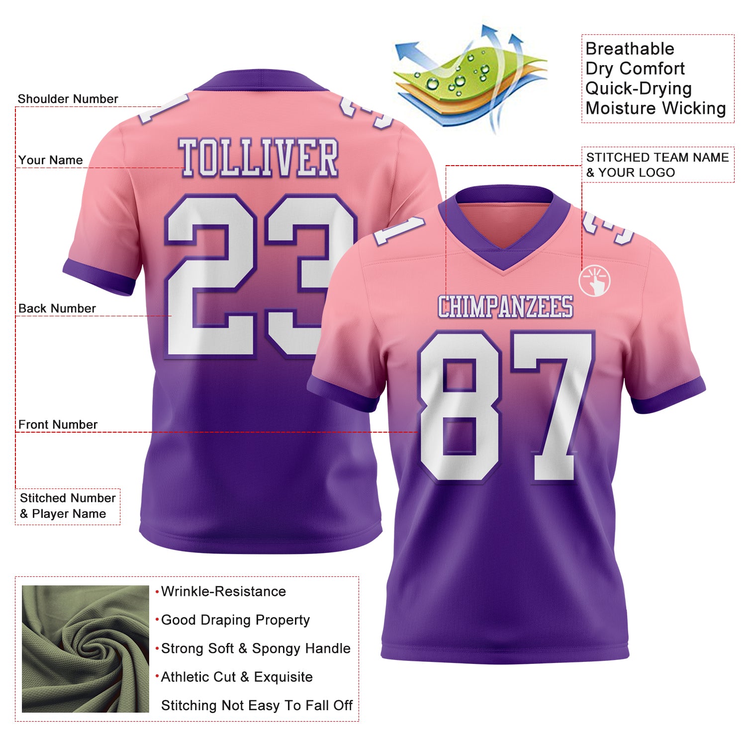 Custom Medium Pink White-Purple Authentic Fade Fashion Football Jersey