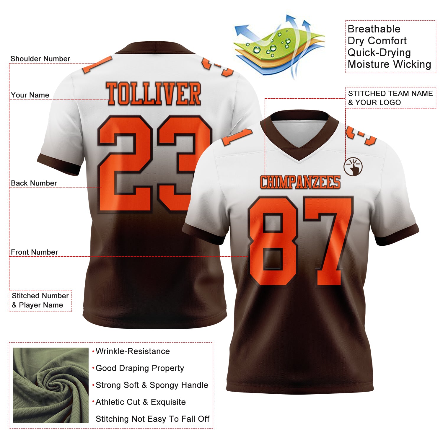 Custom White Orange-Brown Authentic Fade Fashion Football Jersey