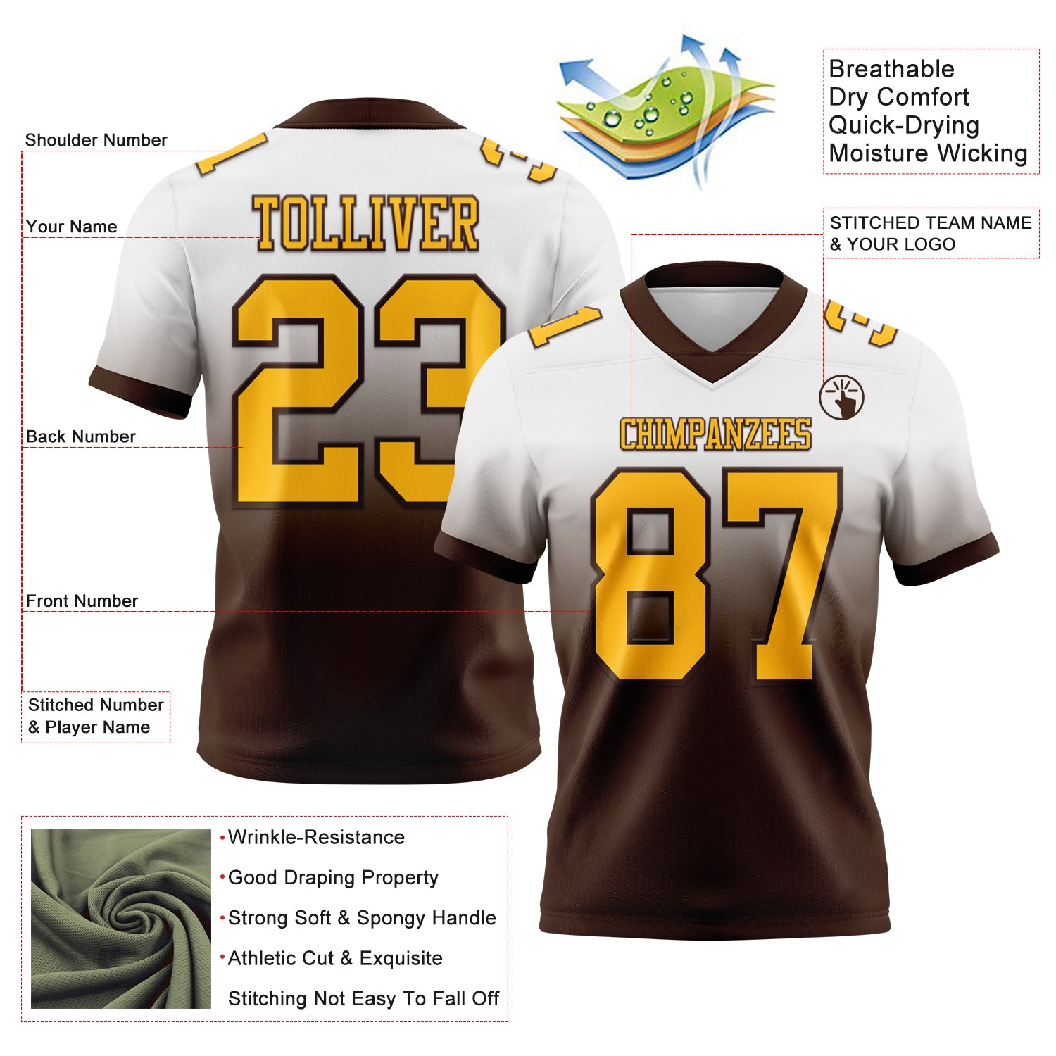 Custom White Gold-Brown Authentic Fade Fashion Football Jersey