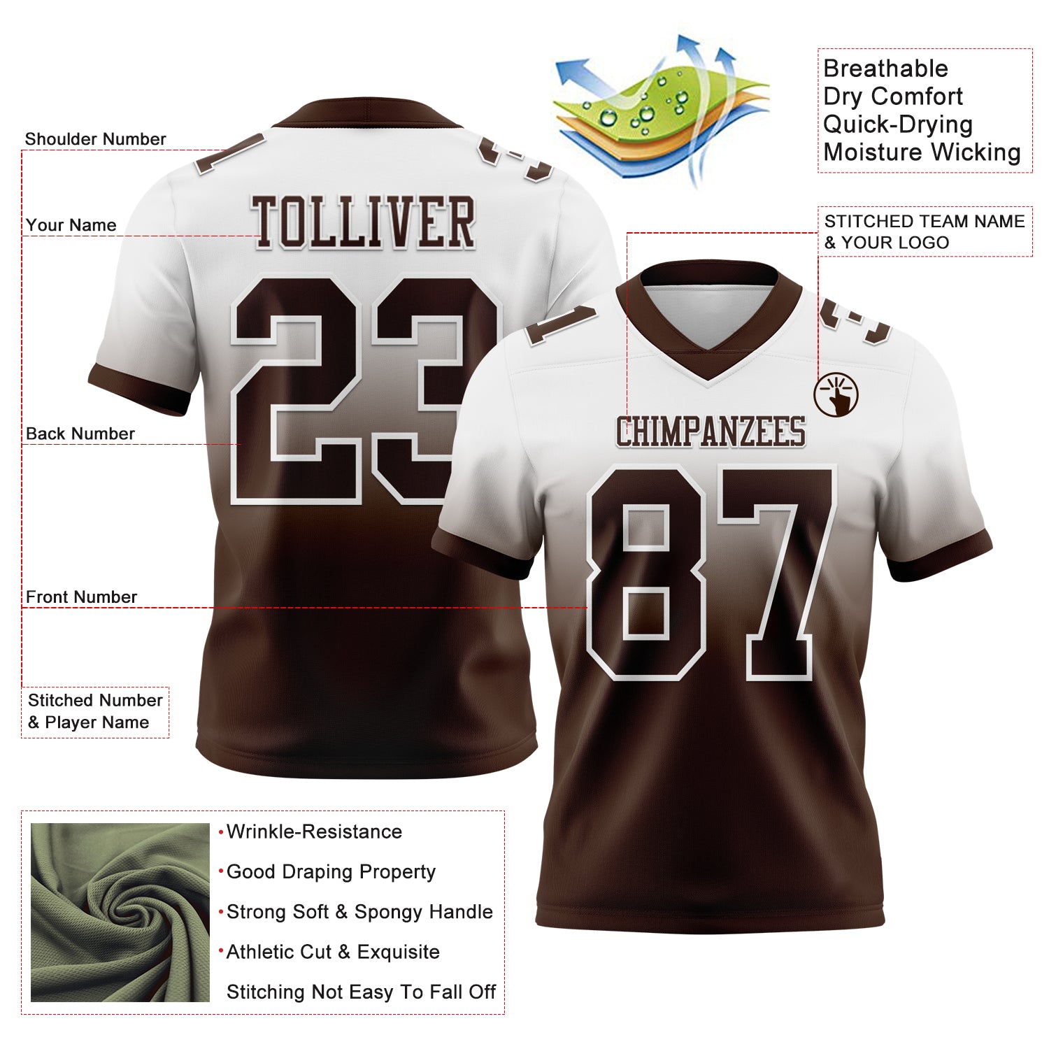 Custom White Brown Authentic Fade Fashion Football Jersey