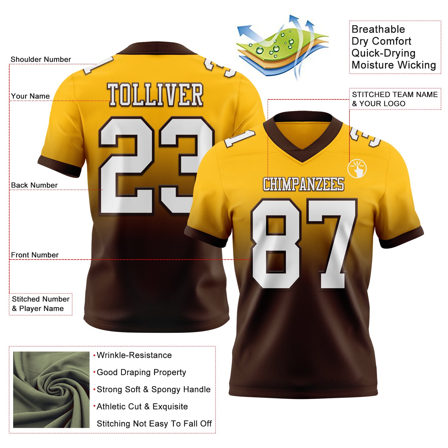 Custom Gold White-Brown Authentic Fade Fashion Football Jersey