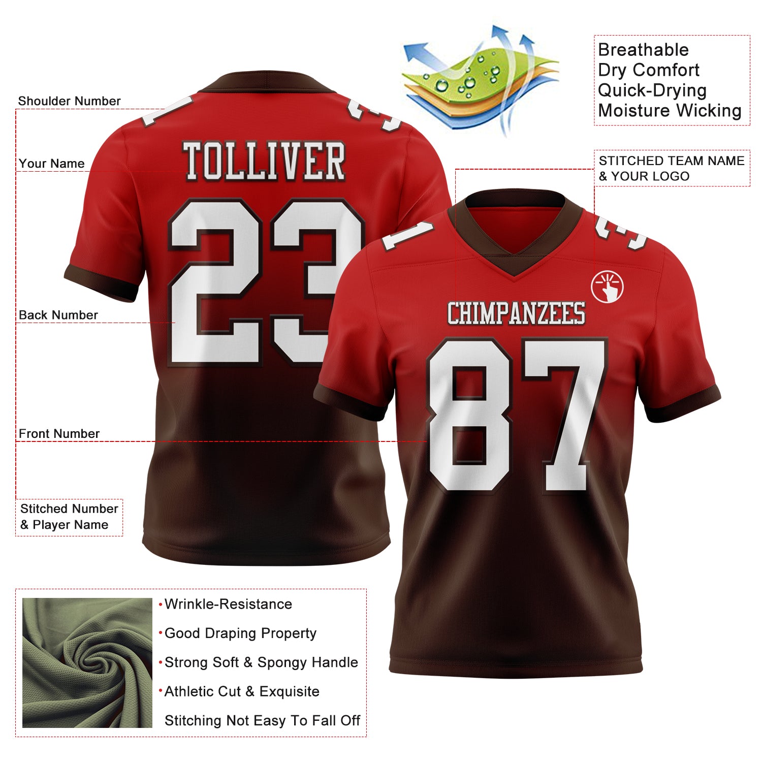 Custom Red White-Brown Authentic Fade Fashion Football Jersey