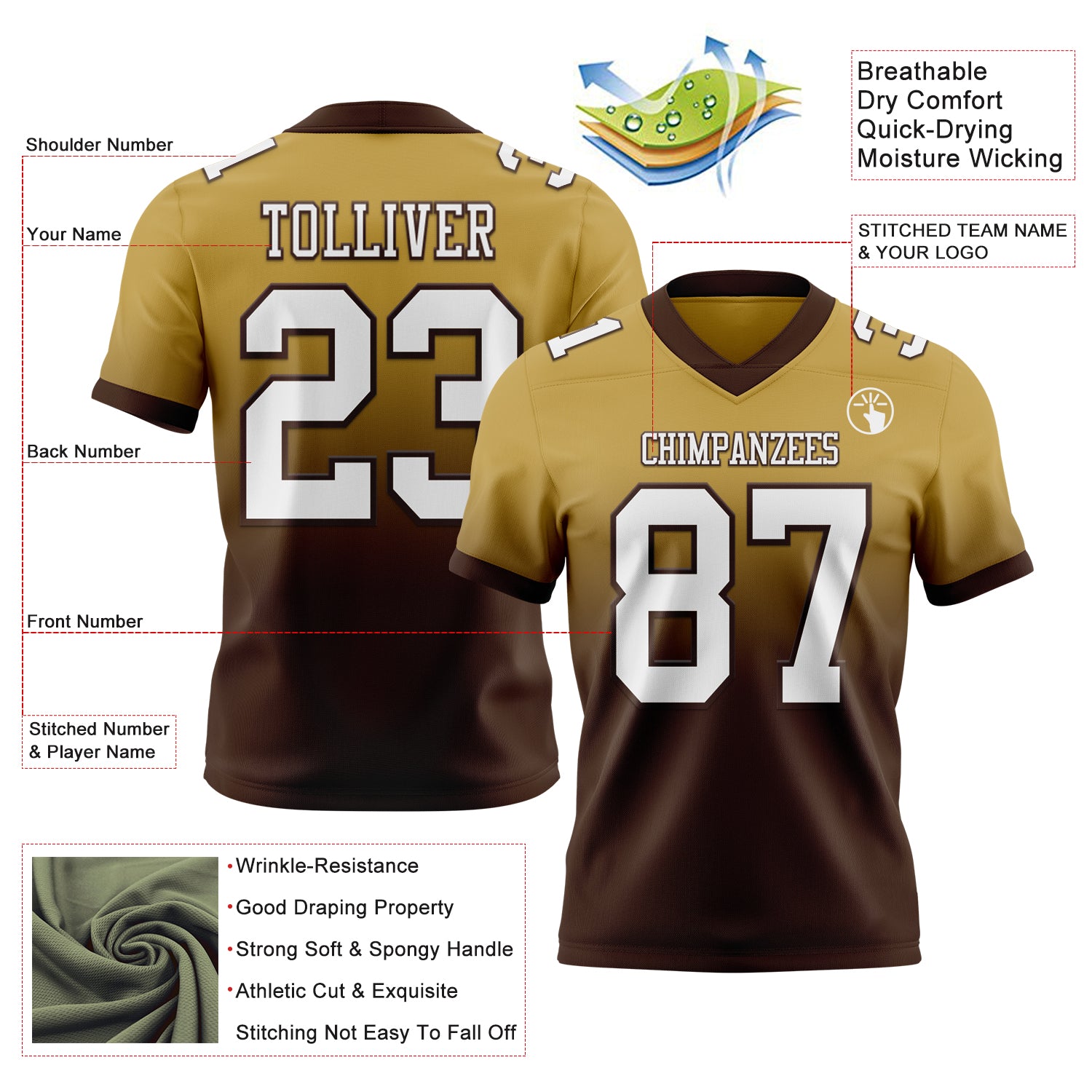 Custom Old Gold White-Brown Authentic Fade Fashion Football Jersey