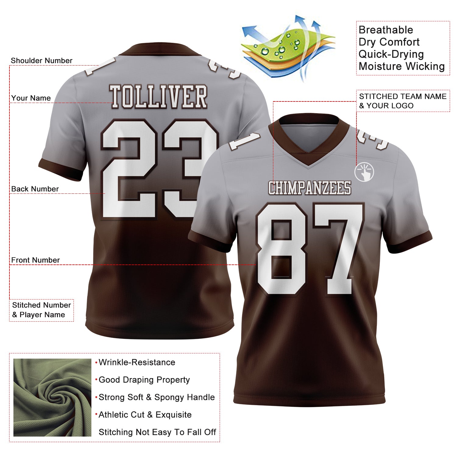Custom Gray White-Brown Authentic Fade Fashion Football Jersey