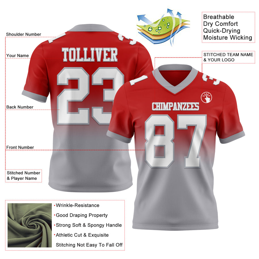 Custom Red White-Gray Authentic Fade Fashion Football Jersey