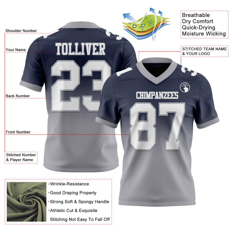 Custom Navy White-Gray Authentic Fade Fashion Football Jersey
