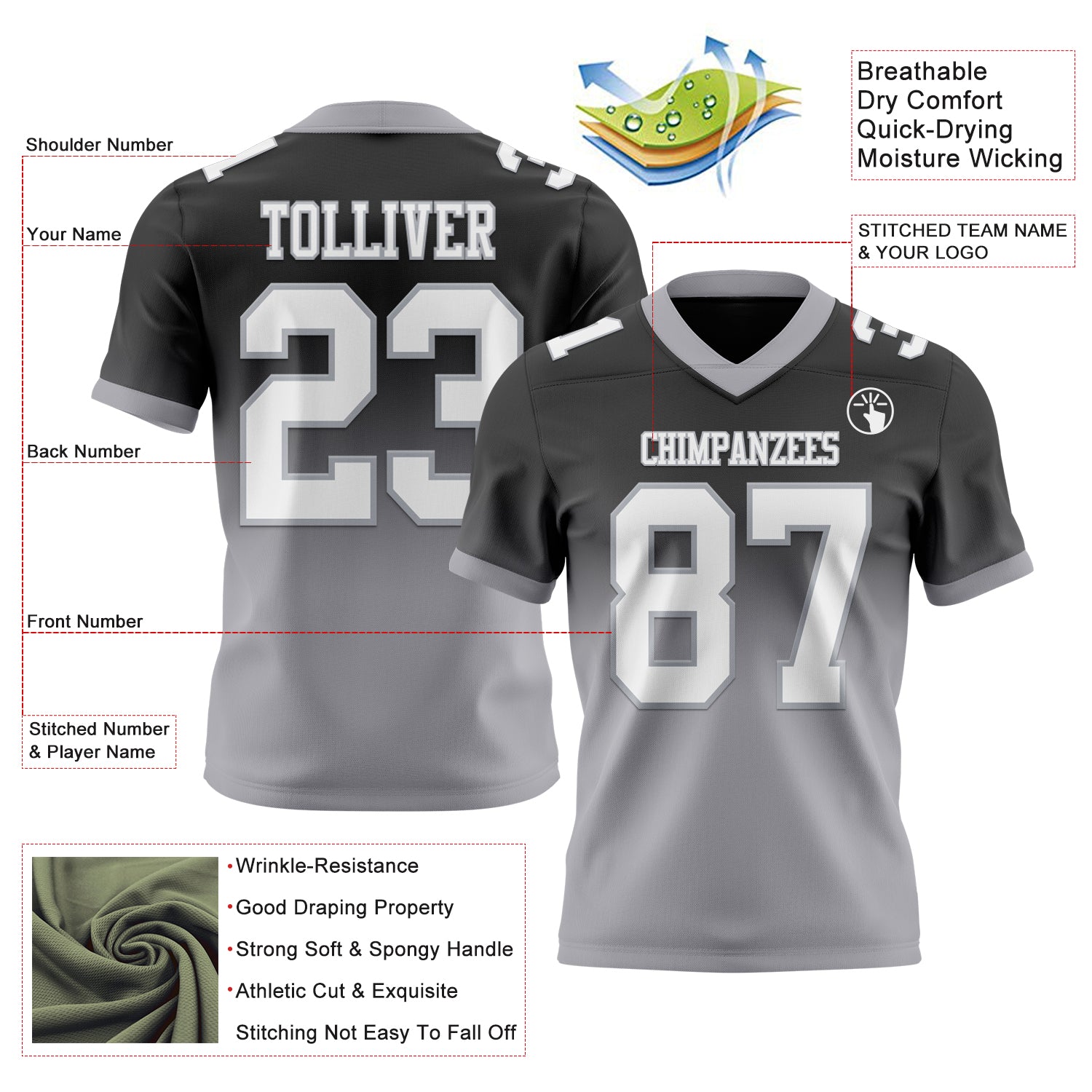 Custom Black White-Gray Authentic Fade Fashion Football Jersey