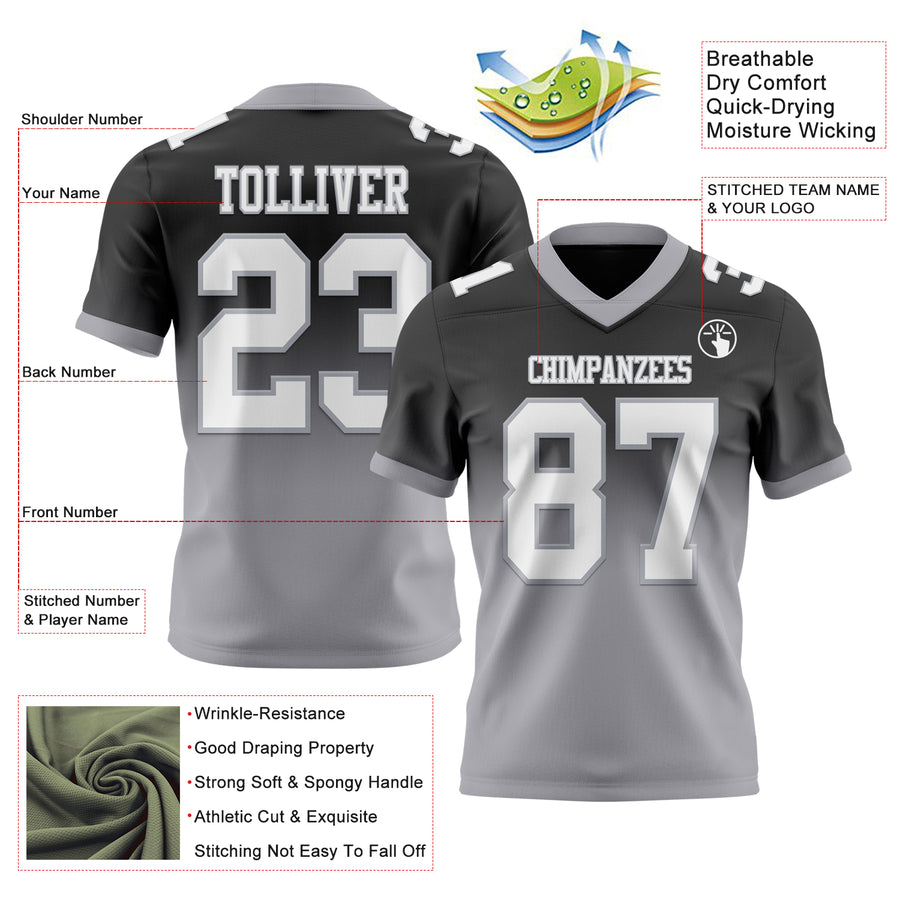 Custom Black White-Gray Authentic Fade Fashion Football Jersey