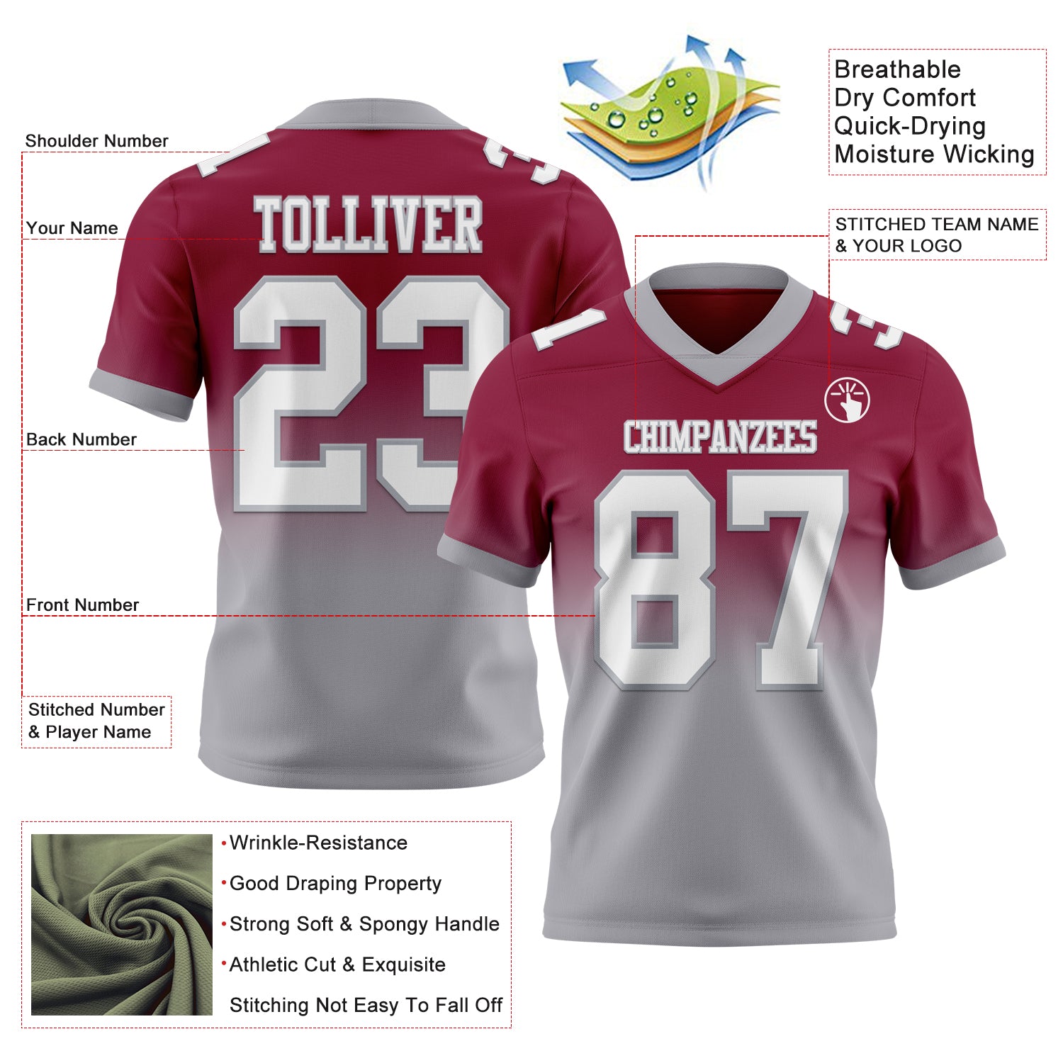 Custom Maroon White-Gray Authentic Fade Fashion Football Jersey