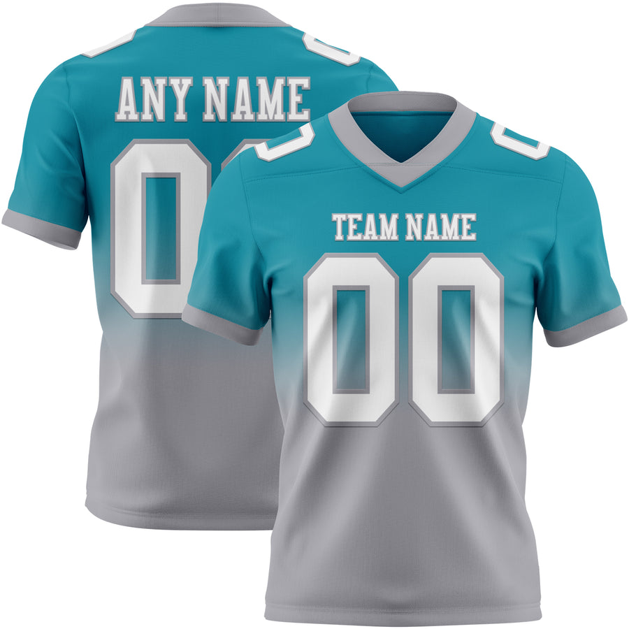 Custom Teal White-Gray Authentic Fade Fashion Football Jersey