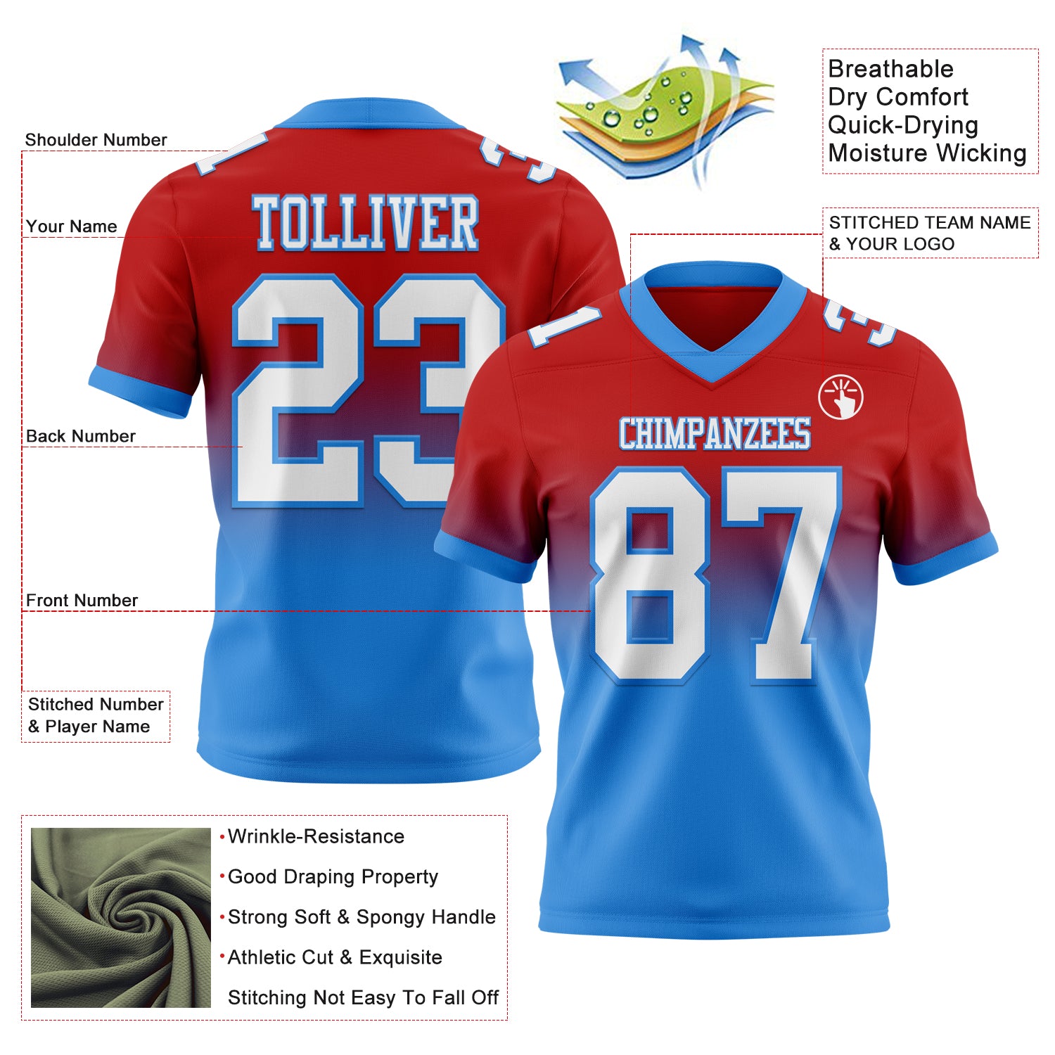 Custom Red White-Powder Blue Authentic Fade Fashion Football Jersey