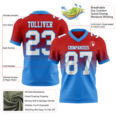 Custom Red White-Powder Blue Authentic Fade Fashion Football Jersey
