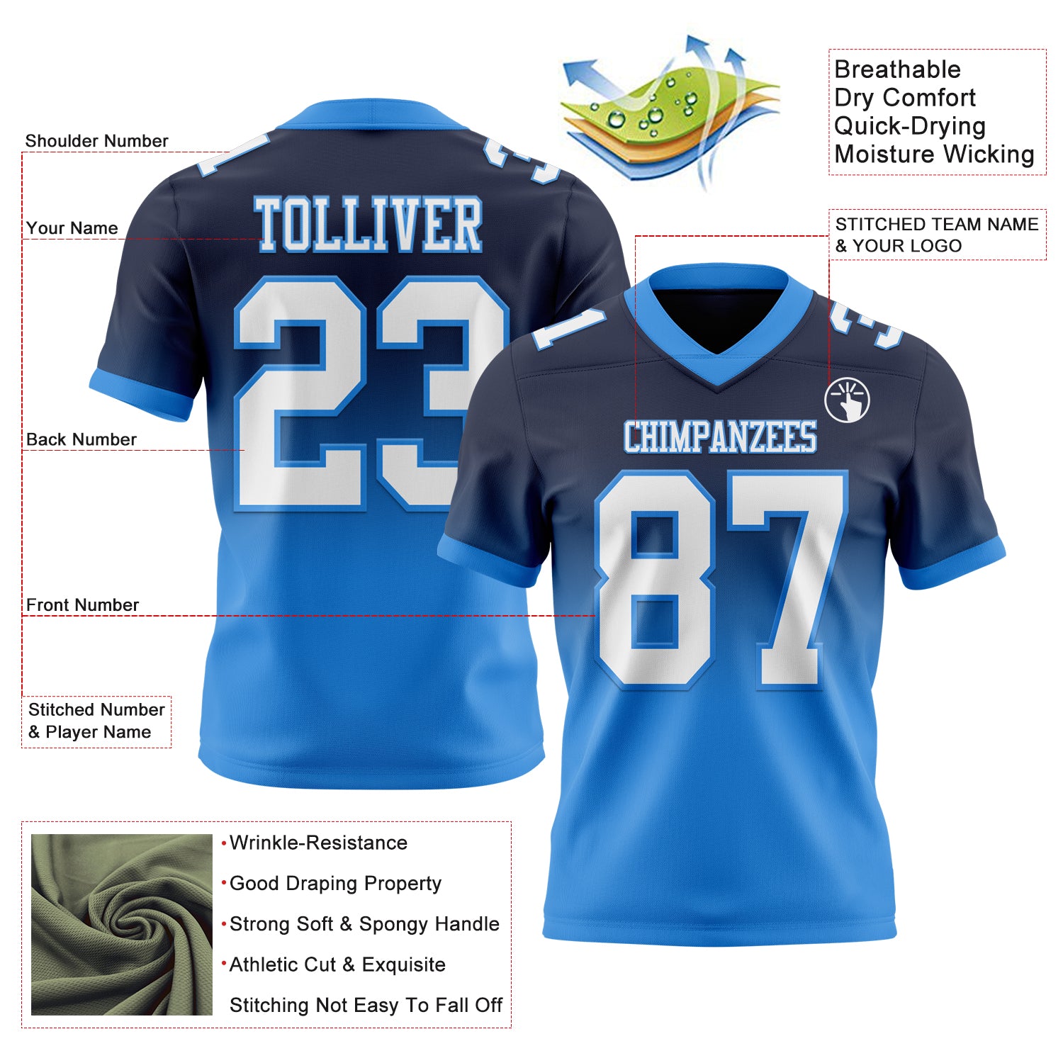 Custom Navy White-Powder Blue Authentic Fade Fashion Football Jersey