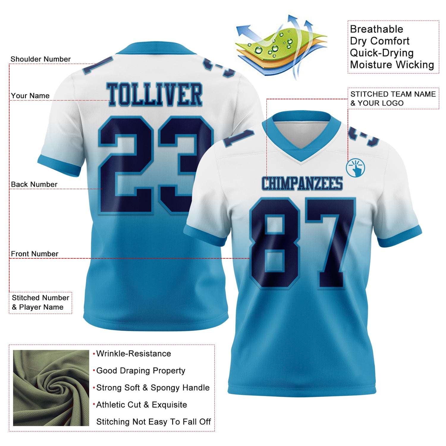 Custom White Navy-Panther Blue Authentic Fade Fashion Football Jersey