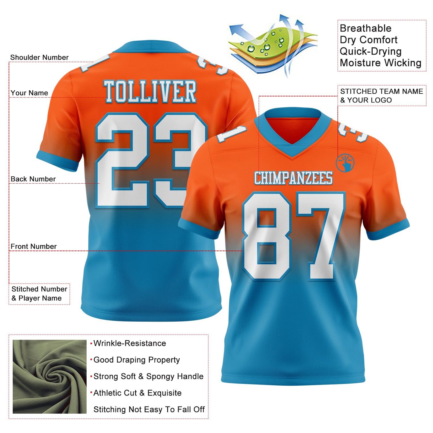 Custom Orange White-Panther Blue Authentic Fade Fashion Football Jersey