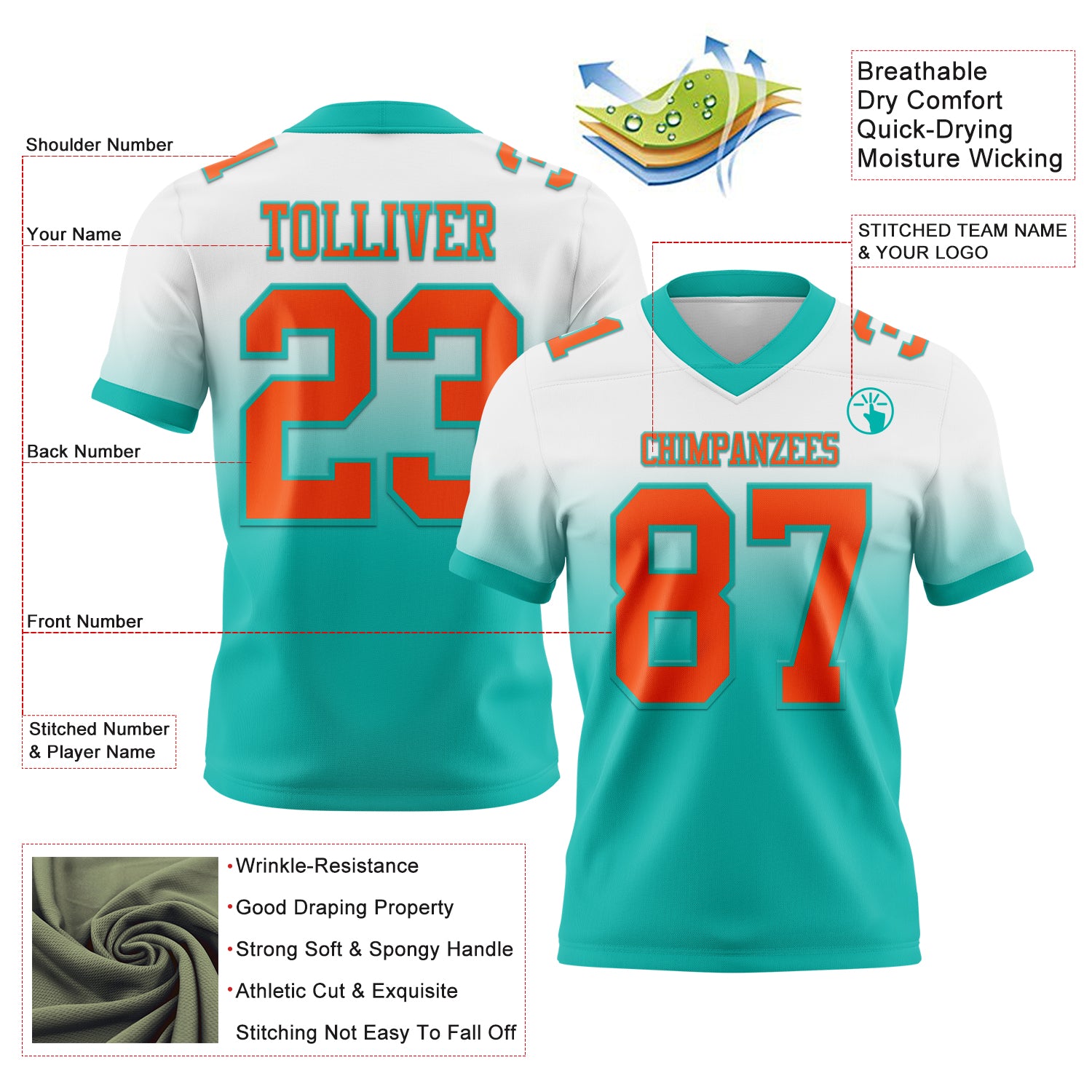 Custom White Orange-Aqua Authentic Fade Fashion Football Jersey