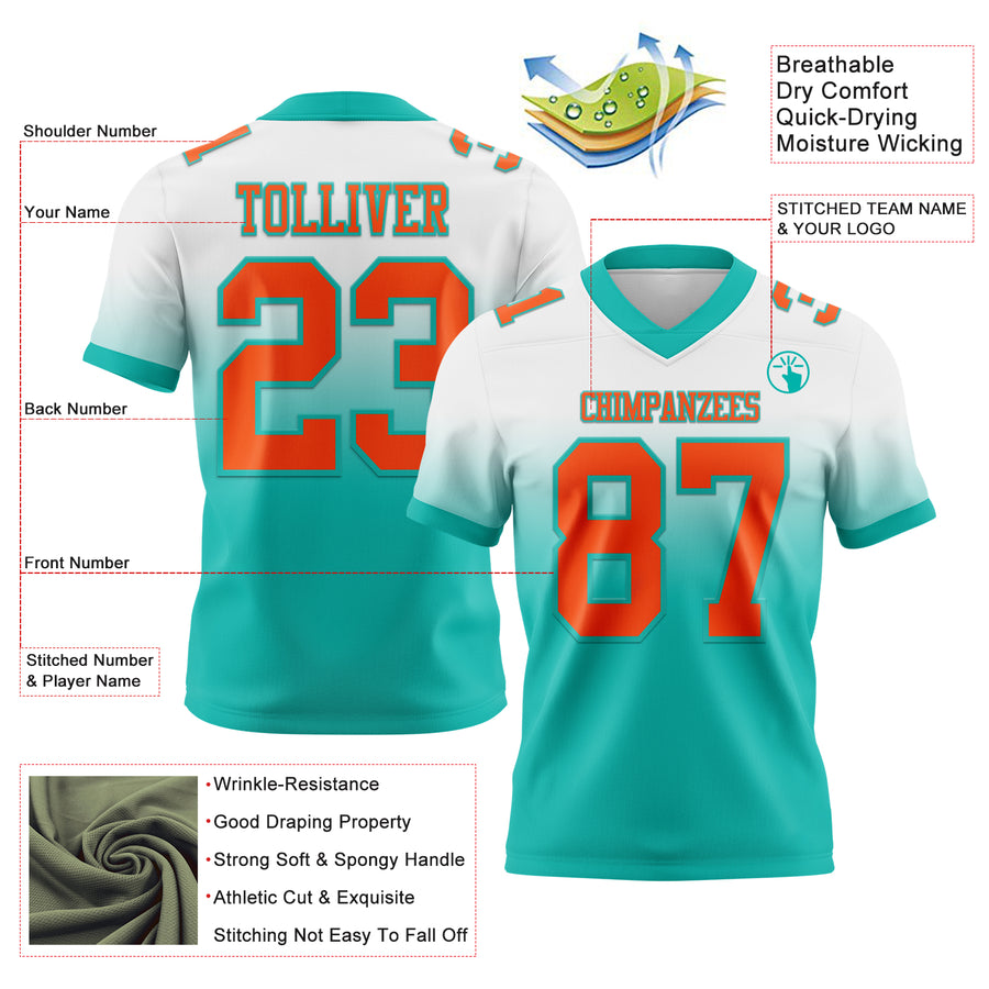 Custom White Orange-Aqua Authentic Fade Fashion Football Jersey