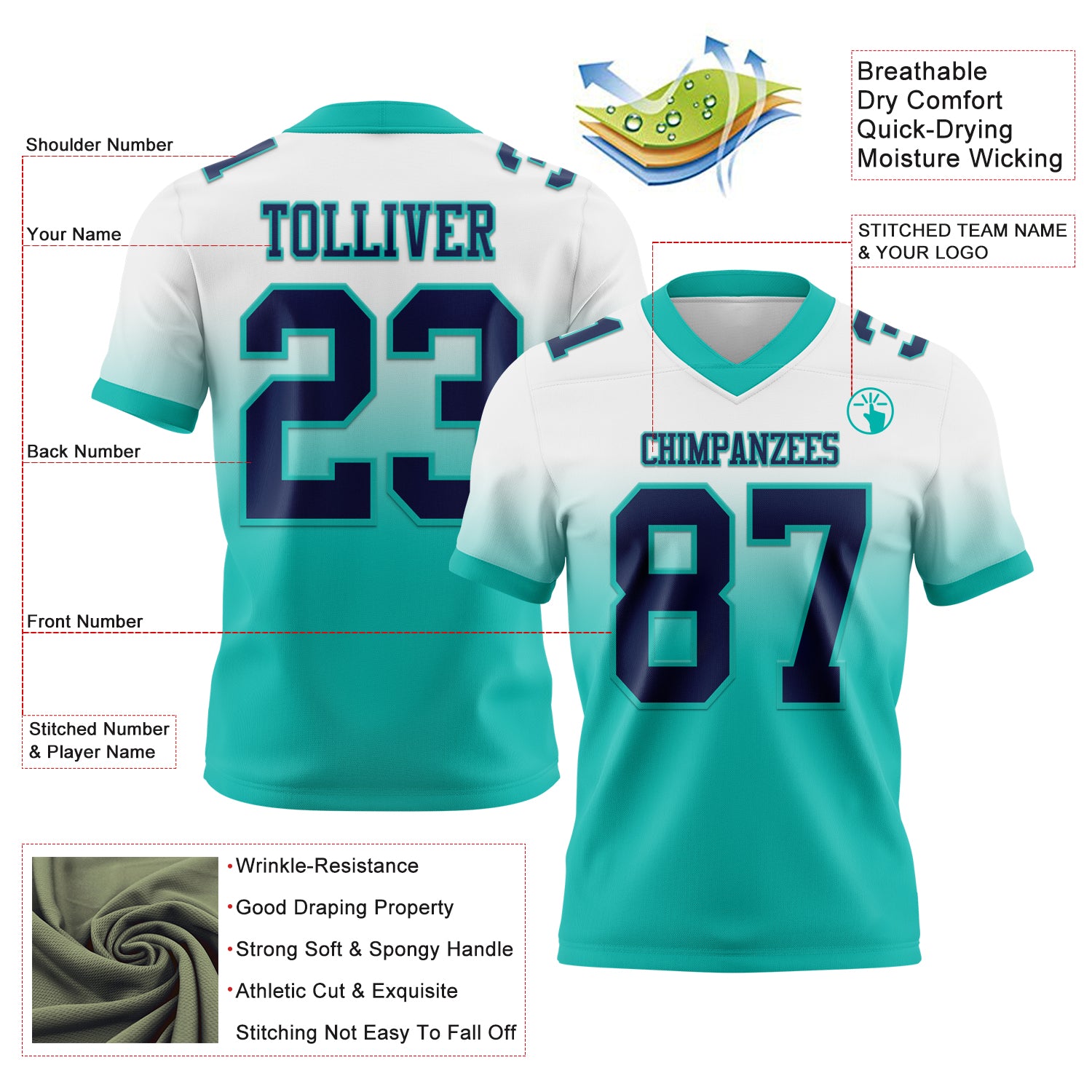 Custom White Navy-Aqua Authentic Fade Fashion Football Jersey