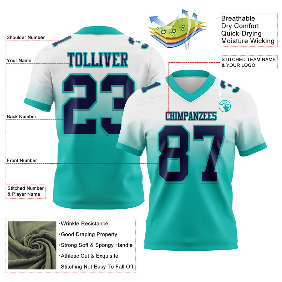 Custom White Navy-Aqua Authentic Fade Fashion Football Jersey