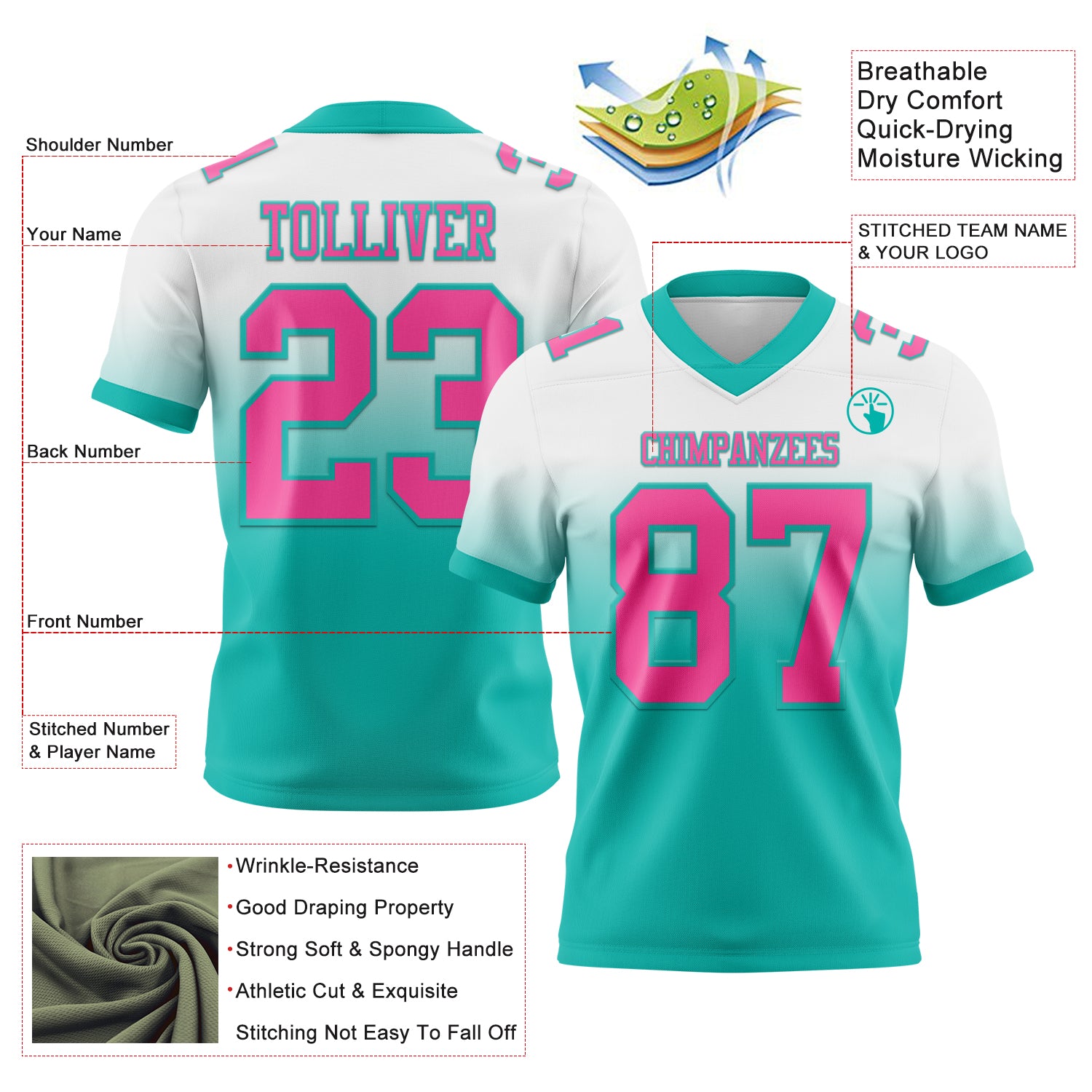 Custom White Pink-Aqua Authentic Fade Fashion Football Jersey
