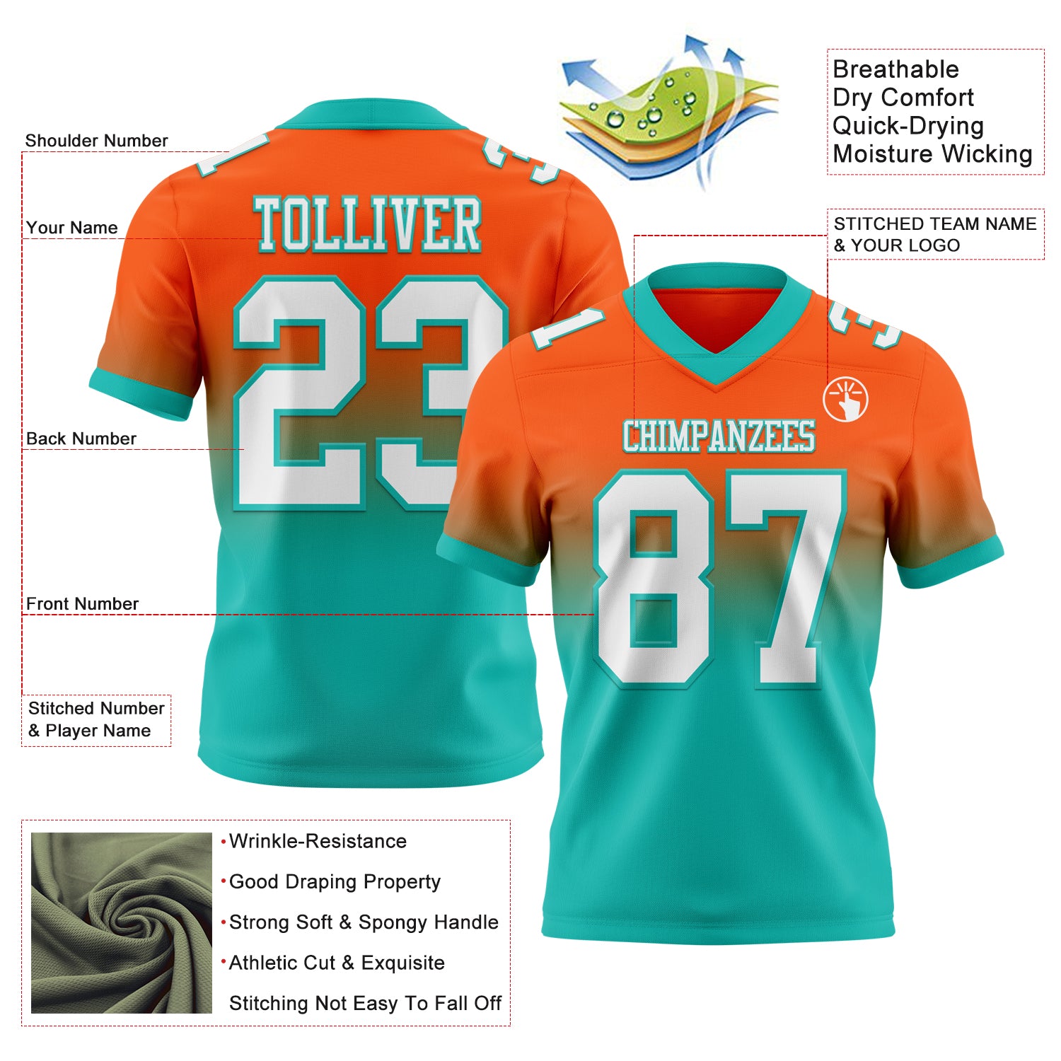 Custom Orange White-Aqua Authentic Fade Fashion Football Jersey