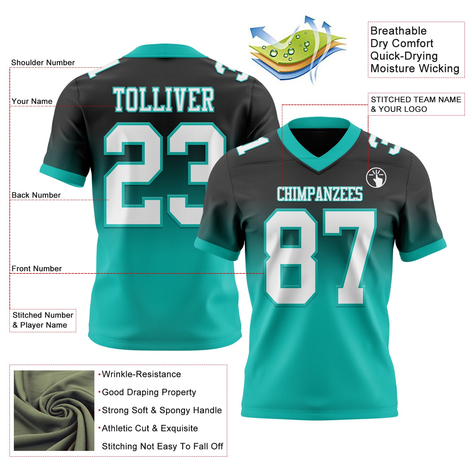 Custom Black White-Aqua Authentic Fade Fashion Football Jersey