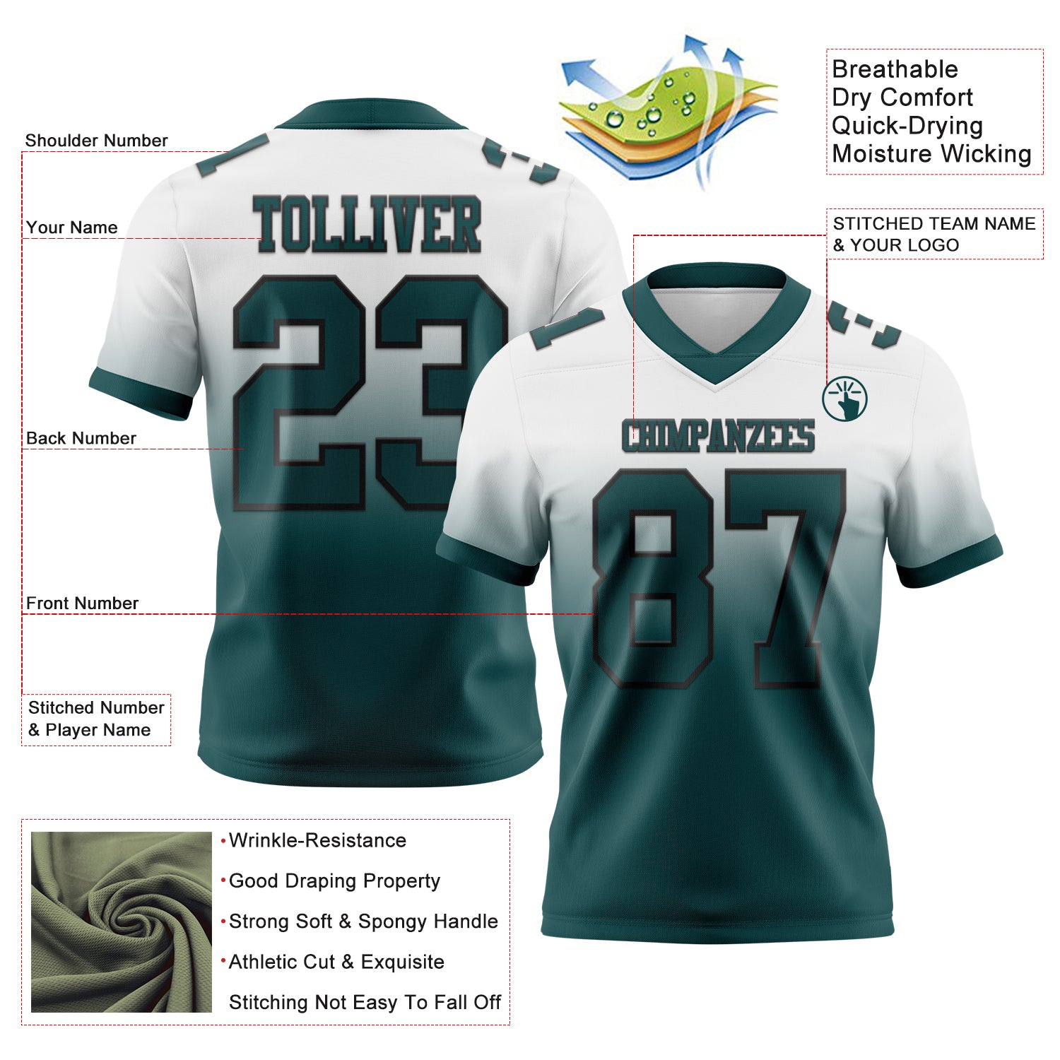 Custom White Midnight Green-Black Authentic Fade Fashion Football Jersey