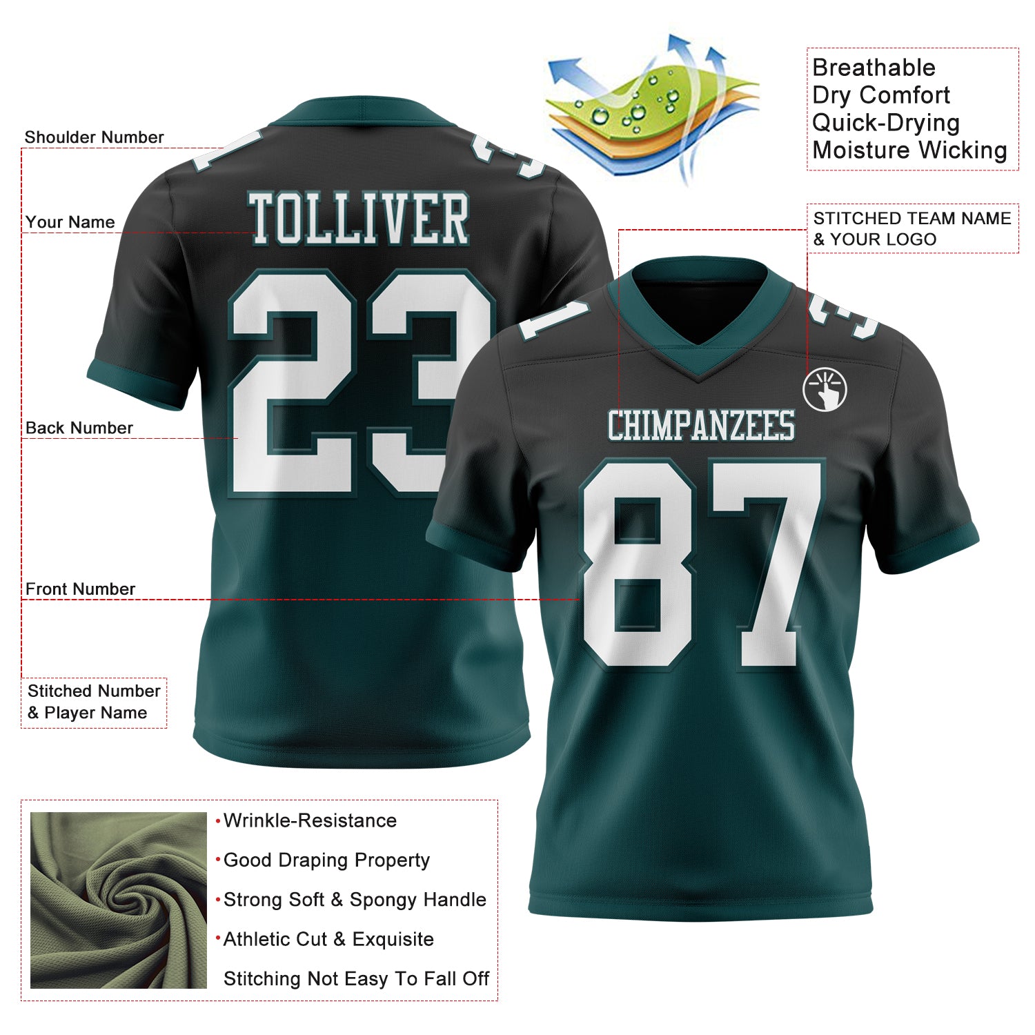 Custom Black White-Midnight Green Authentic Fade Fashion Football Jersey