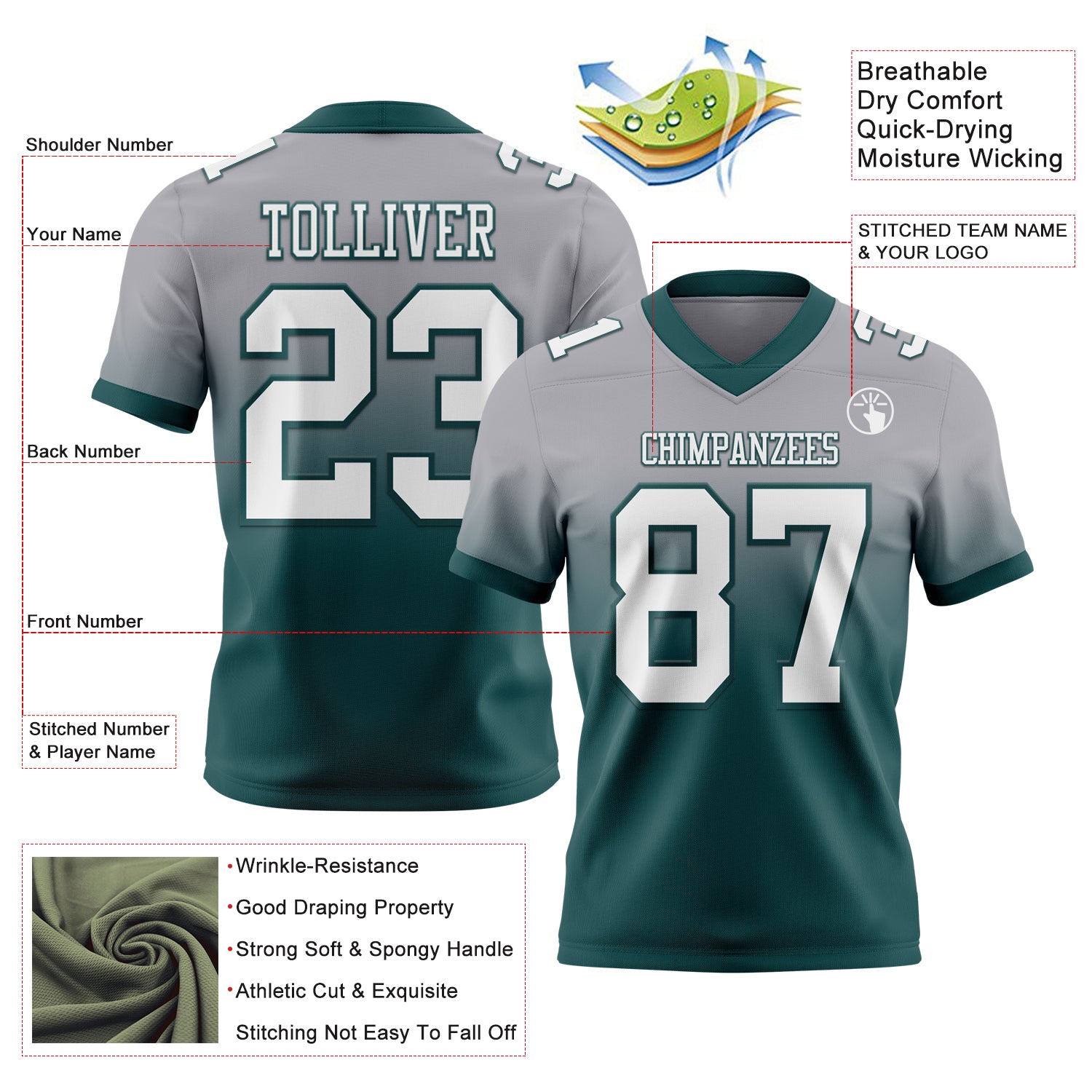 Custom Gray White-Midnight Green Authentic Fade Fashion Football Jersey