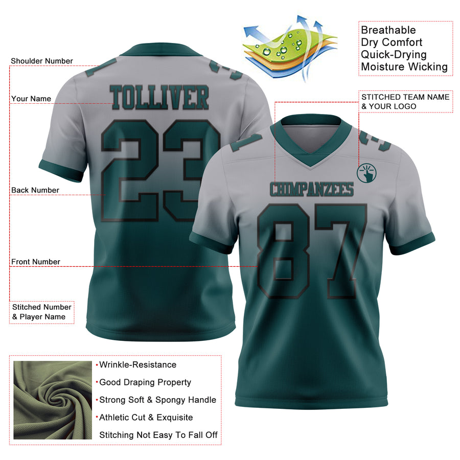 Custom Gray Midnight Green-Black Authentic Fade Fashion Football Jersey