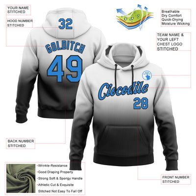 Custom Stitched White Powder Blue-Black Fade Fashion Sports Pullover Sweatshirt Hoodie