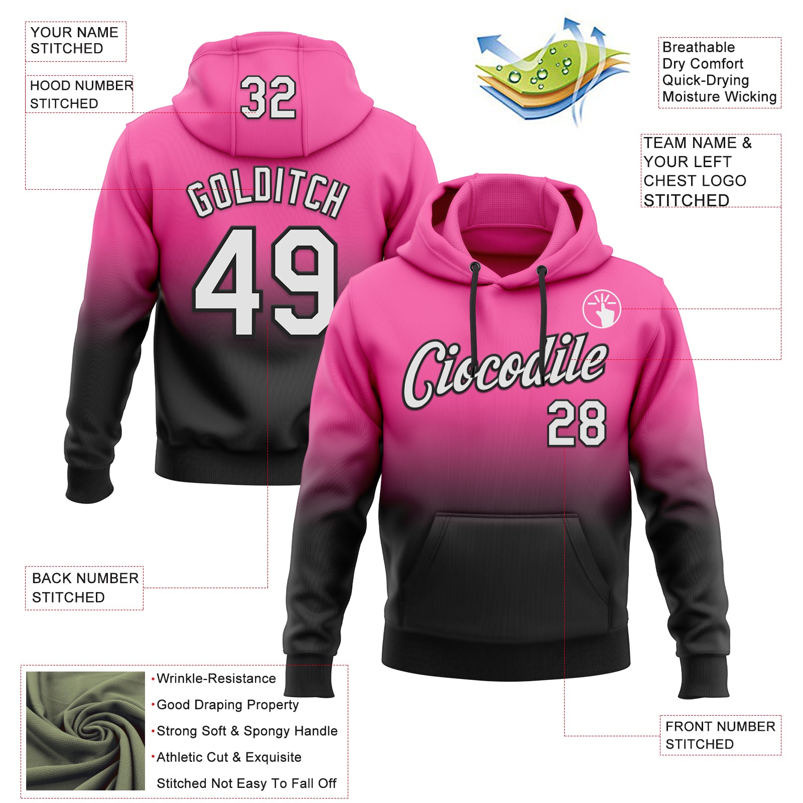 Custom Stitched Pink White-Black Fade Fashion Sports Pullover Sweatshirt Hoodie
