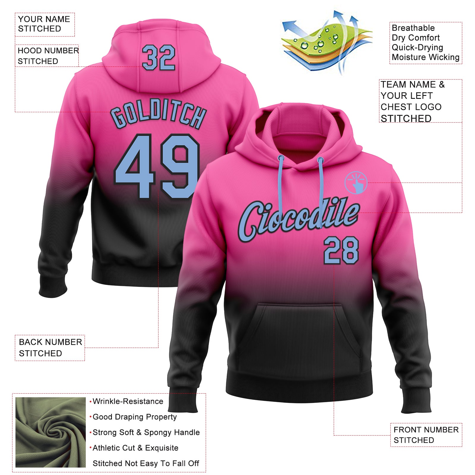 Custom Stitched Pink Light Blue-Black Fade Fashion Sports Pullover Sweatshirt Hoodie