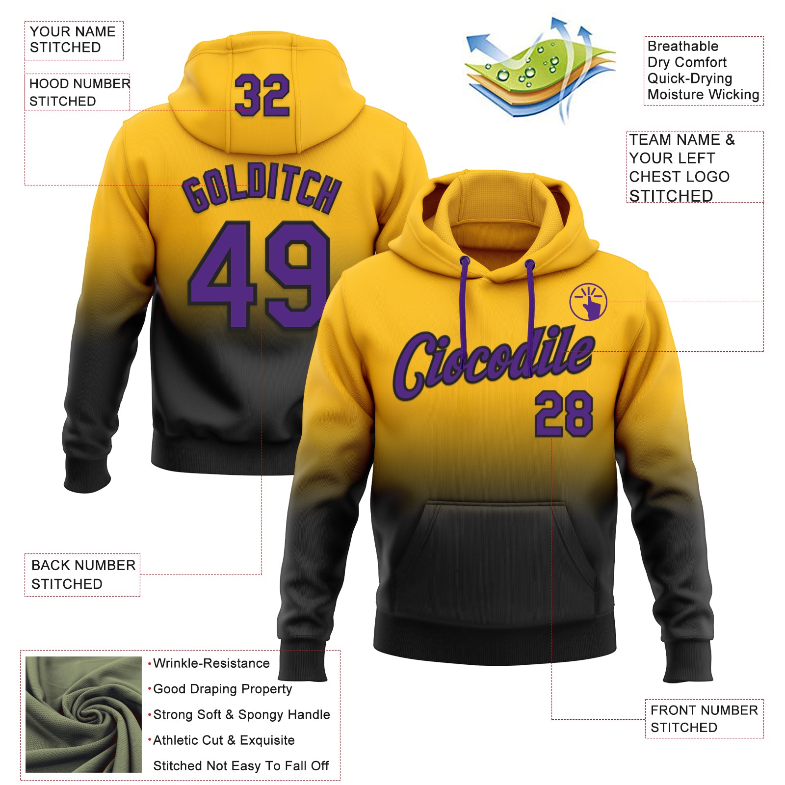 Custom Stitched Gold Purple-Black Fade Fashion Sports Pullover Sweatshirt Hoodie