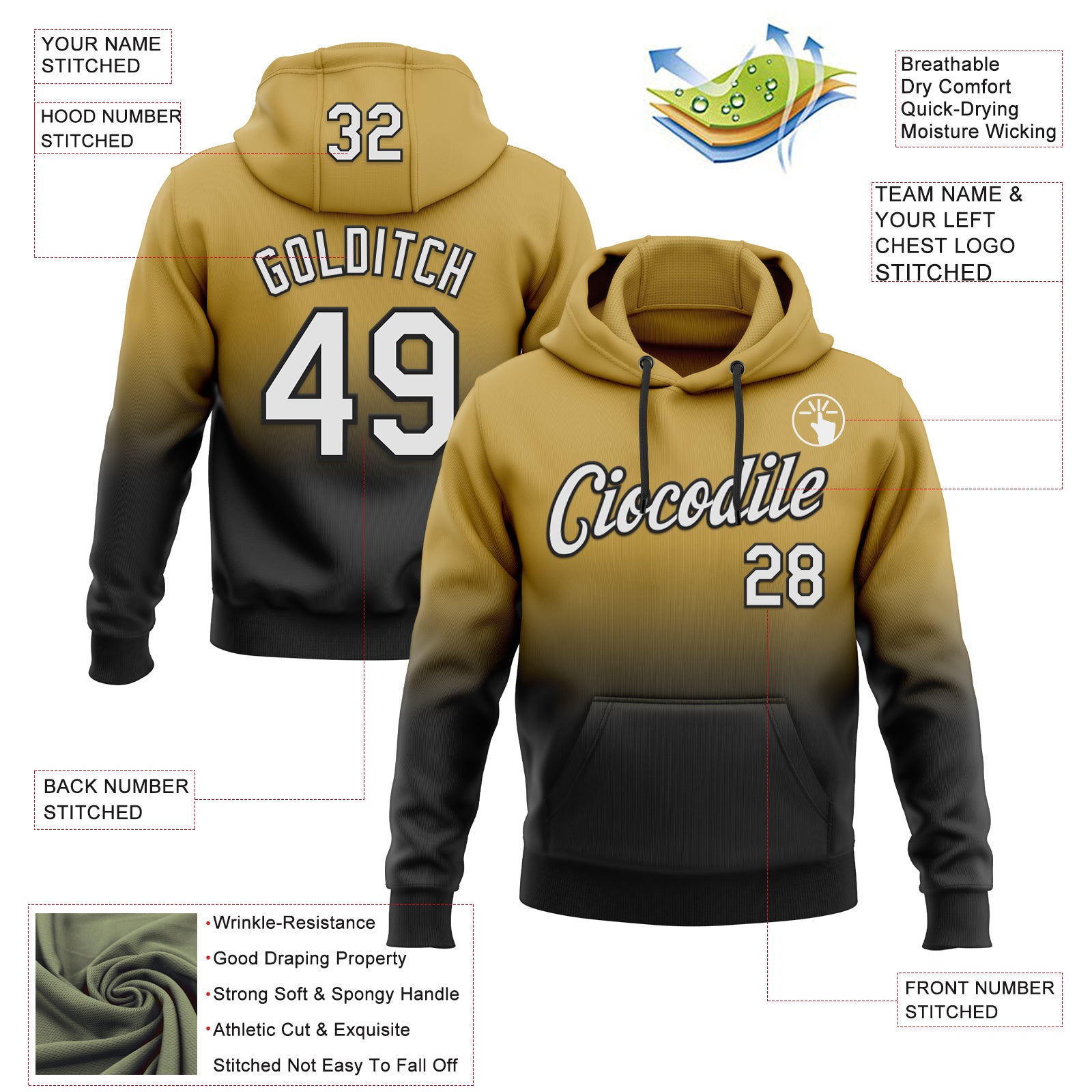 Custom Stitched Old Gold White-Black Fade Fashion Sports Pullover Sweatshirt Hoodie