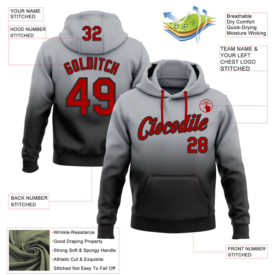 Custom Stitched Gray Red-Black Fade Fashion Sports Pullover Sweatshirt Hoodie