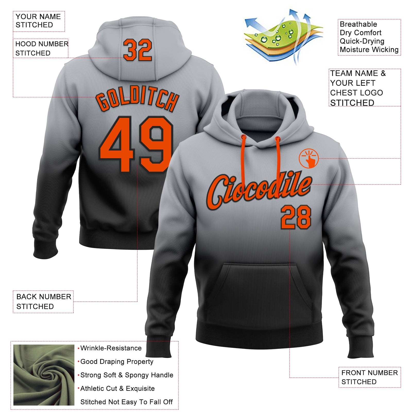 Custom Stitched Gray Orange-Black Fade Fashion Sports Pullover Sweatshirt Hoodie