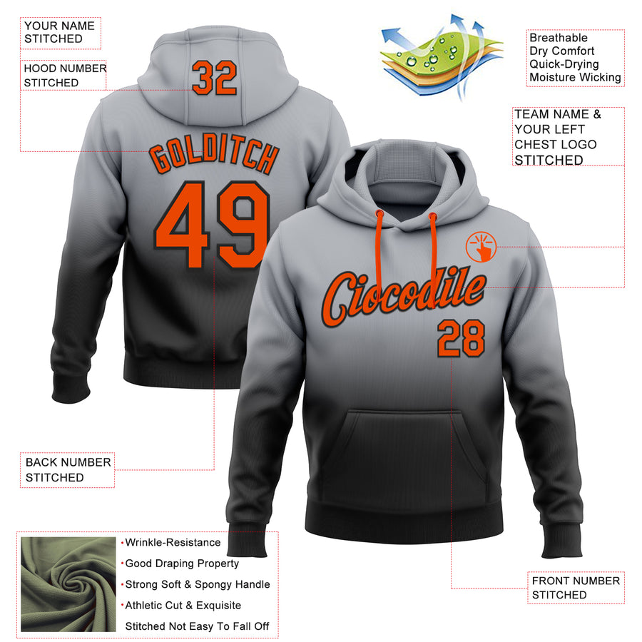 Custom Stitched Gray Orange-Black Fade Fashion Sports Pullover Sweatshirt Hoodie