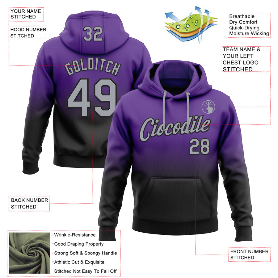 Custom Stitched Purple Gray-Black Fade Fashion Sports Pullover Sweatshirt Hoodie