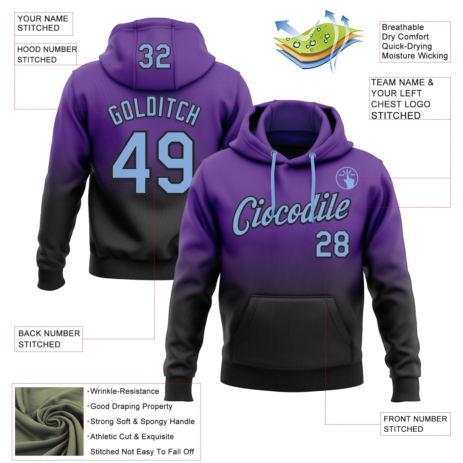 Custom Stitched Purple Light Blue-Black Fade Fashion Sports Pullover Sweatshirt Hoodie