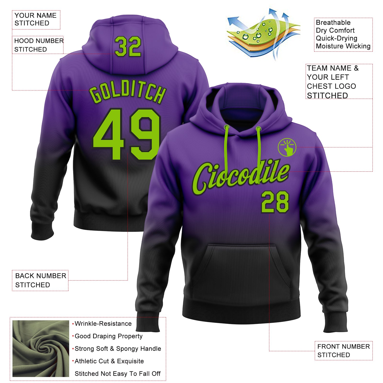 Custom Stitched Purple Neon Green-Black Fade Fashion Sports Pullover Sweatshirt Hoodie