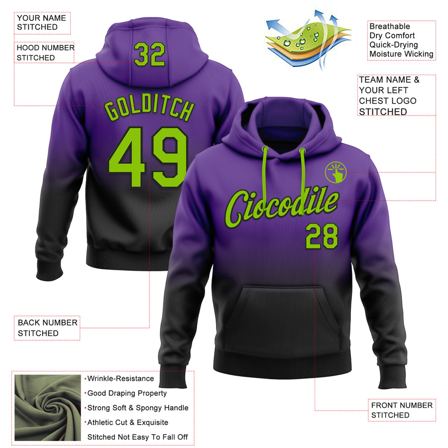 Custom Stitched Purple Neon Green-Black Fade Fashion Sports Pullover Sweatshirt Hoodie