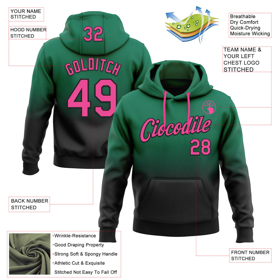 Custom Stitched Kelly Green Pink-Black Fade Fashion Sports Pullover Sweatshirt Hoodie